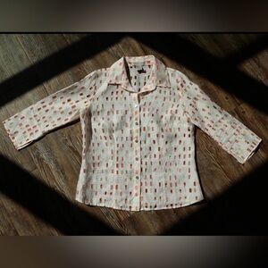 Notations Petite Womens Abstract Breezy Semi Sheer City Girl Button Up Blouse PS